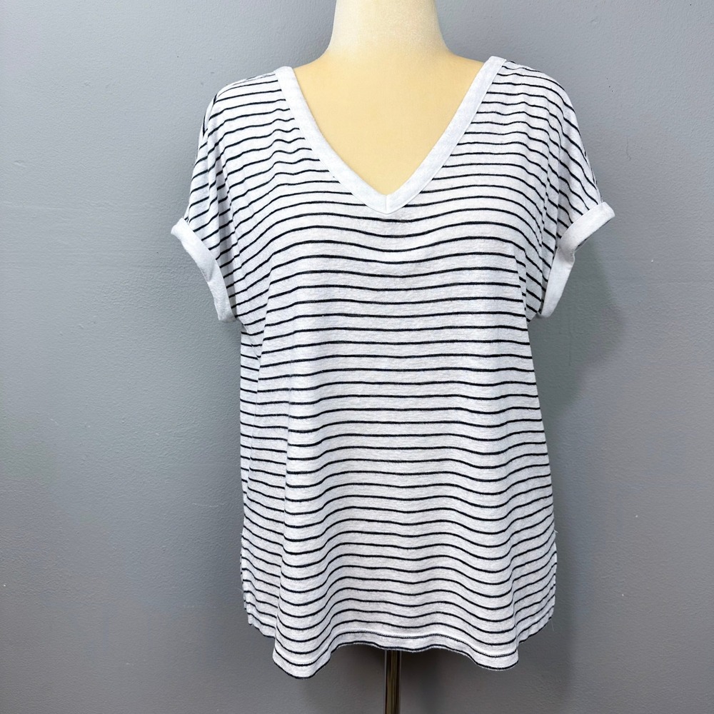 LOFT Knit Top Womens Size L White Black Striped V-Neck V-Back Rolled Sleeve